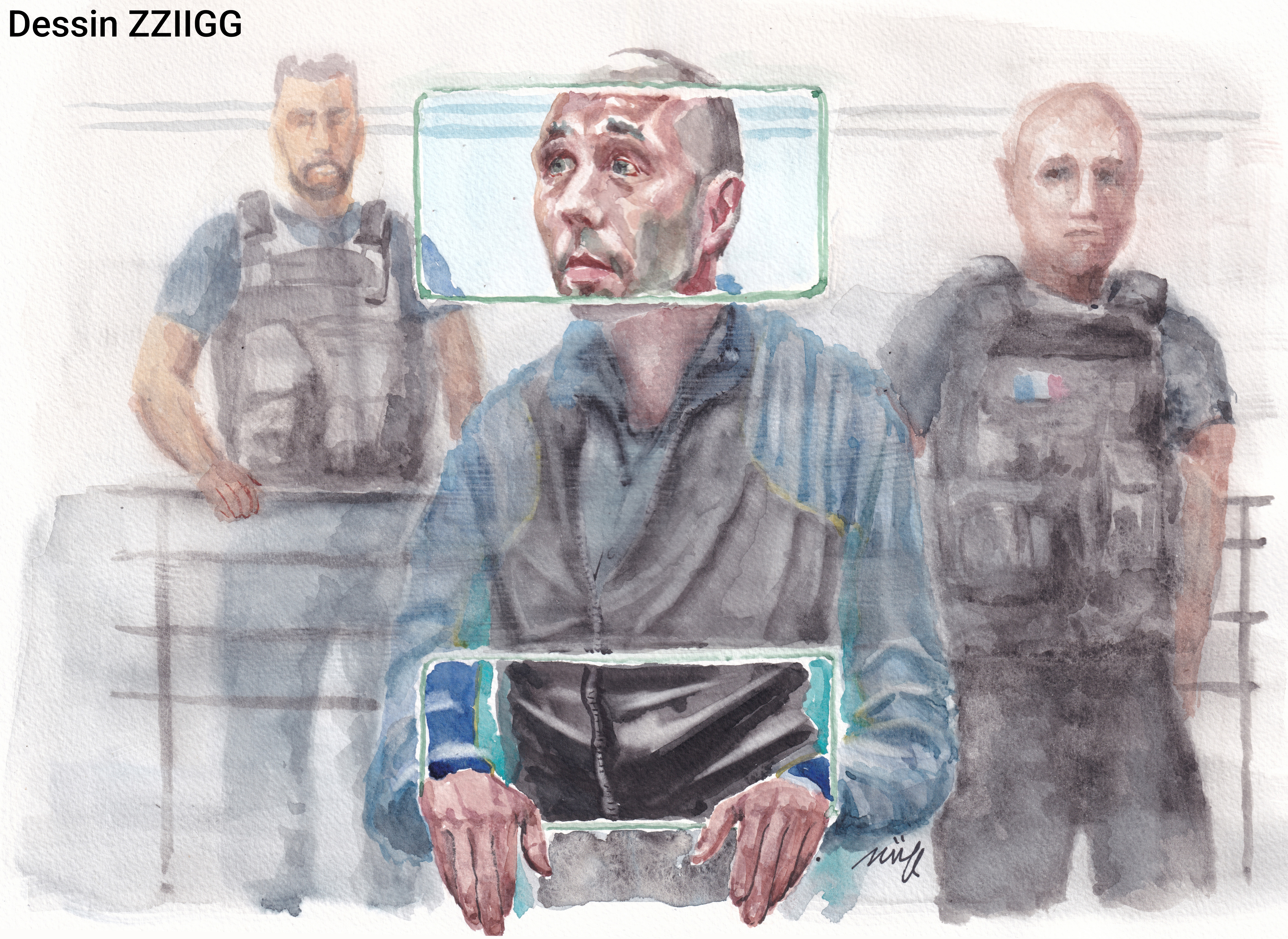 Dessin de Cédric Jubillar à son procès, entouré de deux policiers